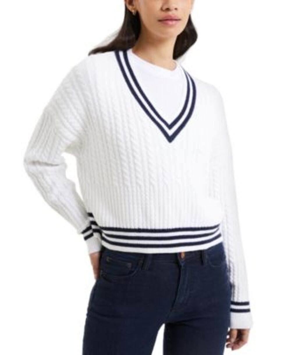 French Connection Women's 'Babysoft' V-Neck Varsity Sweater Winter White Duchess
